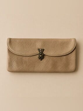 Vintage Tan Leather Clutch with Antique Brass Hardware